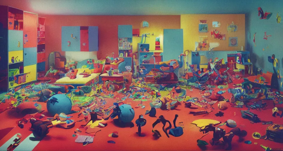 Prompt: IKEA catalogue photo, colorful children's bedroom, rainbow, toys, mayhem, pictures on walls, organic, by Beksiński