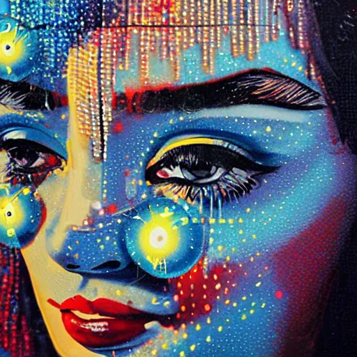 Image similar to beautiful woman being blinded by lights, 1 9 8 0's disco by sandra chevrier