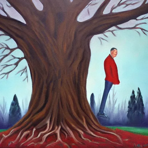 Prompt: viktor orban protecting a tree, oil painting