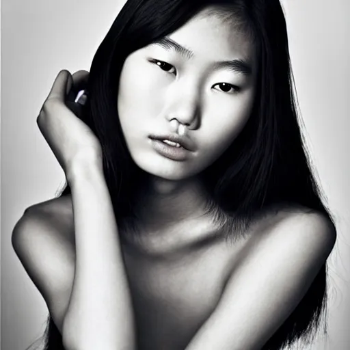 Image similar to photo portrait of beautiful 2 0 - year - old asian woman by'inez and vinoodh ','models. com ', elegant, luxury, masterpiece