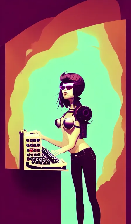 Prompt: a portrait of a beautiful curvy pale alabaster goth girl with asymmetrical punk rock hair and badass euro design sunglasses in a lush and luxurious solarpunk hipster office interior with a mechanical typewriter. digital concept art by shag and anton fadeev and marc simonetti, trending on artstation