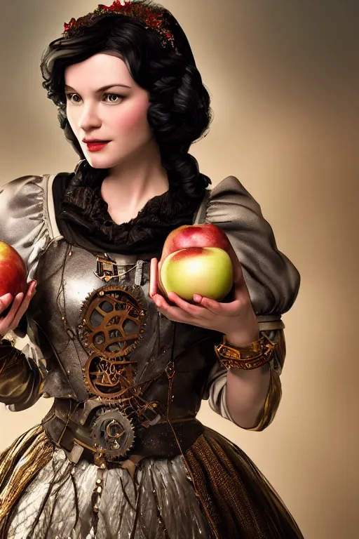 Prompt: highly detailed digital steampunk arthurian portrait of snow white holding an apple, soft light, 8 k, futuristic, octane render, by james edwin mcconnell and walt disney