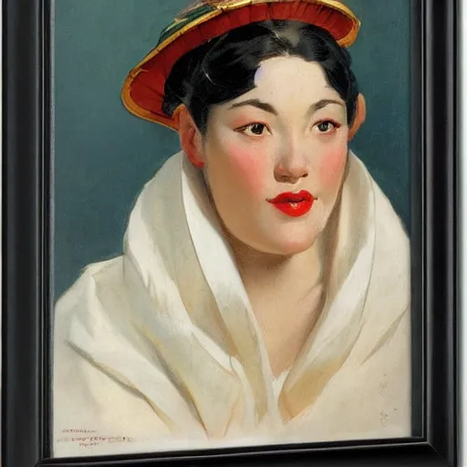 Image similar to frontal portrait of a woman wearing an asian conical hat, by j. c. leyendecker