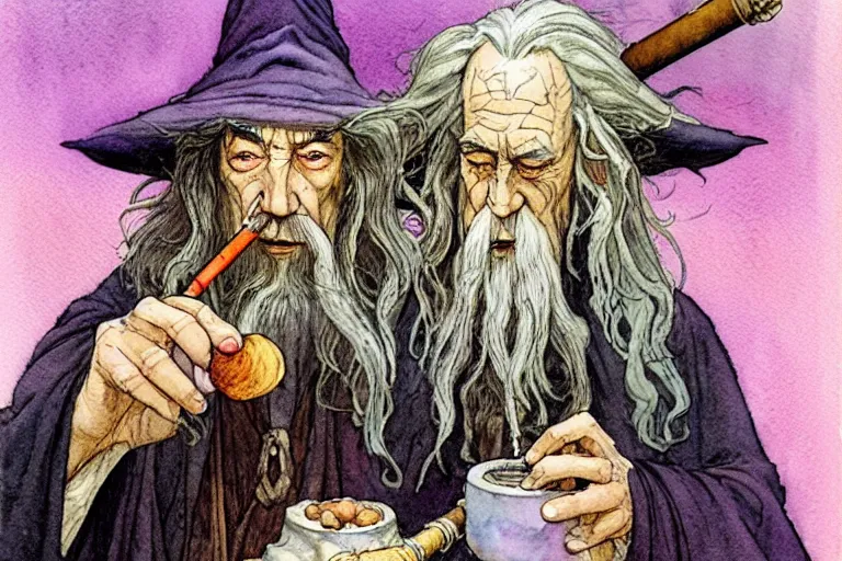 Image similar to a realistic and atmospheric watercolour fantasy character concept art portrait of gandalf with pink eyes lying on his back looking happy and confused and smoking weed out of his pipe with a pot leaf nearby, by rebecca guay, michael kaluta, charles vess and jean moebius giraud