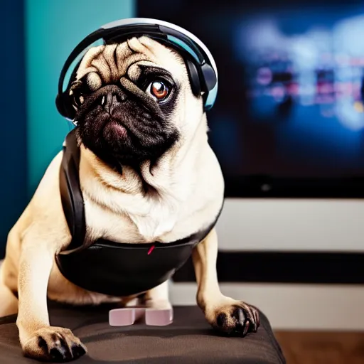 Prompt: pug wearing headphones, holding controller, intensely gaming on his TV