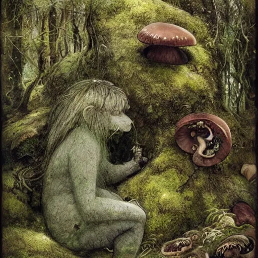 Image similar to moss - clad troll stone, mushrooms, mysterious forest, epic, fantasy, intricate, hyper detailed, artstation, concept art, smooth, painting by john bauer