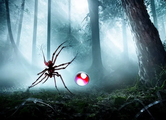 Prompt: knight fights off a giant white crystal clear spider with huge red eyes in a forest. highly detailed 8 k. intricate. lifelike. soft light. fantasy horror style. cinematic post - processing