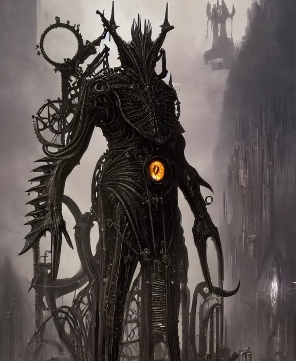 Image similar to steampunk style Sauron, futuristic technology, menacing pose, by HR Giger and Beksiński and Stephan Martiniere , 4k resolution, detailed, trending on artstation