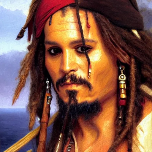 Image similar to Painting of Jack Sparrow. Art by William Adolphe Bouguereau. During golden hour. Extremely detailed. Beautiful. 4K. Award winning.