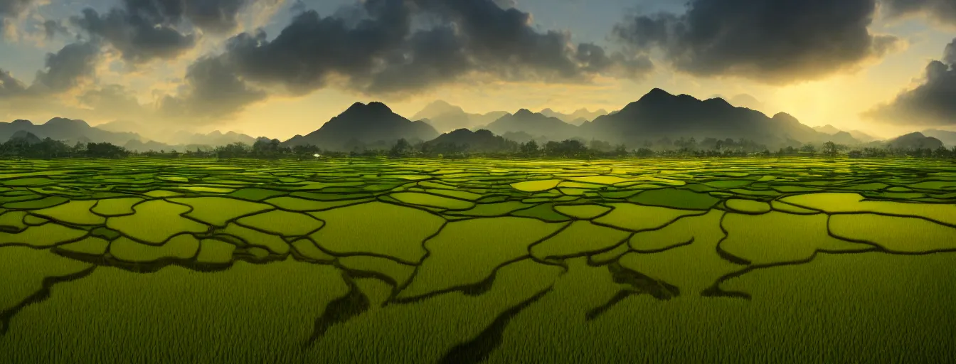 Image similar to Photo of paddy field of Yan, with several village and gunung jerai mountain at the background, wide angle, volumetric light, hyperdetailed, light water, artstation, cgsociety, 8k