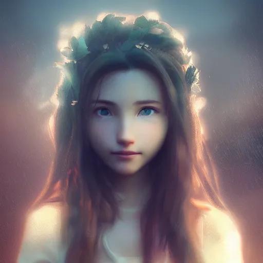 Image similar to beautiful aerith gainsborough, face centered portrait, confident, fog, rain, volumetric lighting, beautiful, golden hour, sharp focus, ultra detailed, cgsociety by leesha hannigan, ross tran, thierry doizon, kai carpenter, ignacio fernandez rios