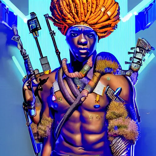 Image similar to a realistic portrait of the african god of the war and technology ogun with cyberpunk and afrofuturist weapons wearing blue, highly detailed, afrofuturist, cyberpunk, photorealistic.