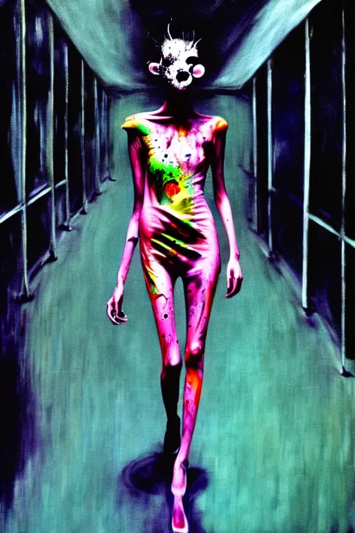 Image similar to crazy fashion catwalk, one model, crazy clothes, biopunk style, horror, clothes look like slime, hauntingly surreal, highly detailed painting by francis bacon, edward hopper, adrian ghenie, gerhard richter, and james jean soft light 4 k,