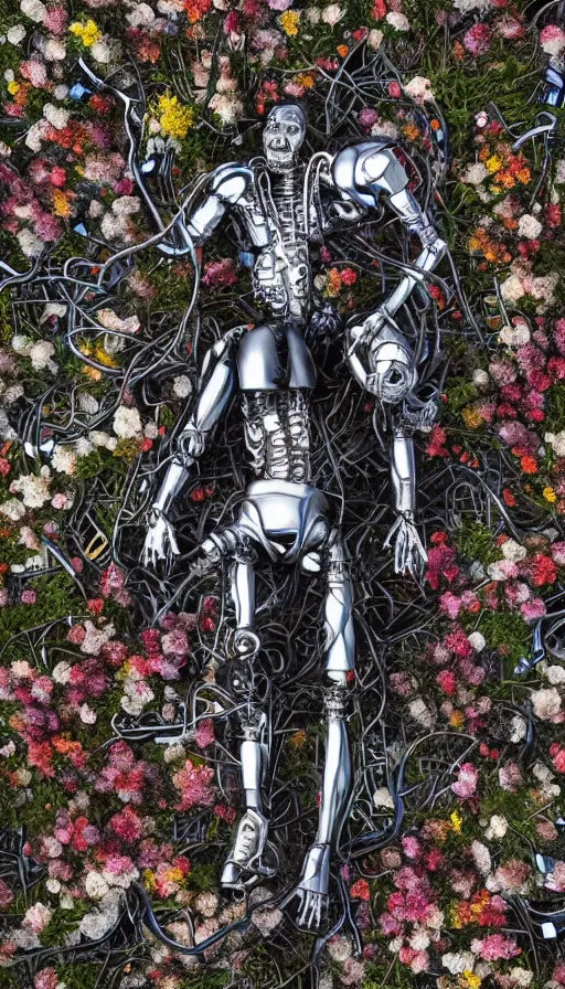 Image similar to destroyed terminator lying in a field of flowers, twisted metal, chrome, reflections, anthropomorphic, photorealism, smoke, metal, 8 k, surreal, wires, smooth, sharp focus, top view, extremely detailed, hyperrealism, elegant, establishing shot, by jeff koons, artgerm and greg rutkowski