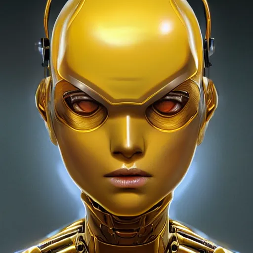 Image similar to A yellow skinned female android with half head shaved revealing metal robot head by Stanley Artgerm Lau, WLOP, Rossdraws, James Jean, Andrei Riabovitchev, Marc Simonetti, and Sakimichan, trending on artstation