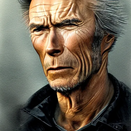 Image similar to character portrait of clint eastwood, lean face, cinematic lighting, glowing grey eyes, hyper - detailed, 4 k, high resolution, in the style of charlie bowater, tom bagshaw, single face, symmetrical, headshot photograph, insanely detailed and intricate, beautiful, elegant, watercolor, cinematic, portrait, raphaelite, headroom, pierre - auguste renoir