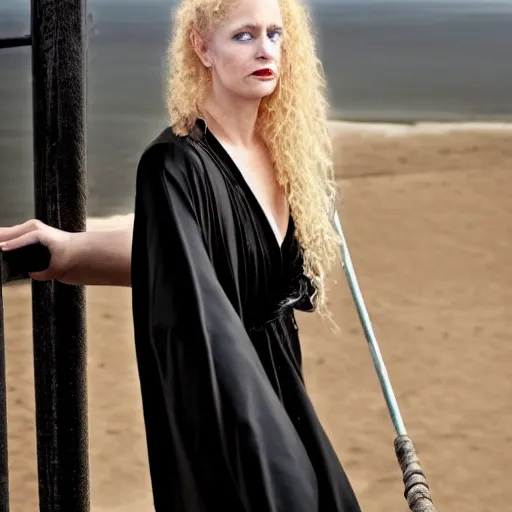 Image similar to a blonde woman in a black robe leaning over the railing of a ship, a beautiful english woman with a long face narrow nose pale skin blue eyes red lips and wild messy tangles of curly white blonde hair, high resolution film still wearing a black robe and skull necklace and holding a spear, sandy, a journey to the west