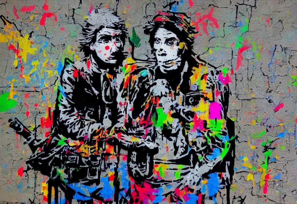 Image similar to full color banksy graffiti anti art, rage against the status quo, detailed, realistic, glitch art effect