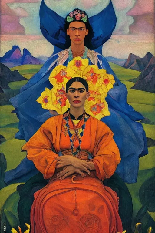 Image similar to queen of flowers, by Nicholas Roerich and Annie Swynnerton and Frida Kahlo, dramatic cinematic lighting , ornate headdress , flowing robes, sacred artifacts, lost civilizations, smooth, sharp focus, extremely detailed