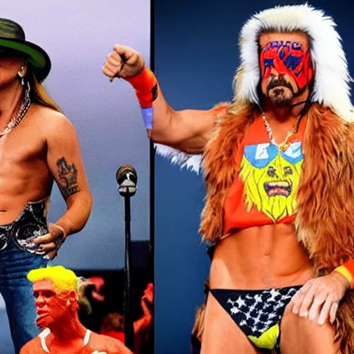 Prompt: Kid Rock wearing an eagle costume supplexing President Biden dressed like the Ultimate Warrior, trending on artstation, WWE world wrestling