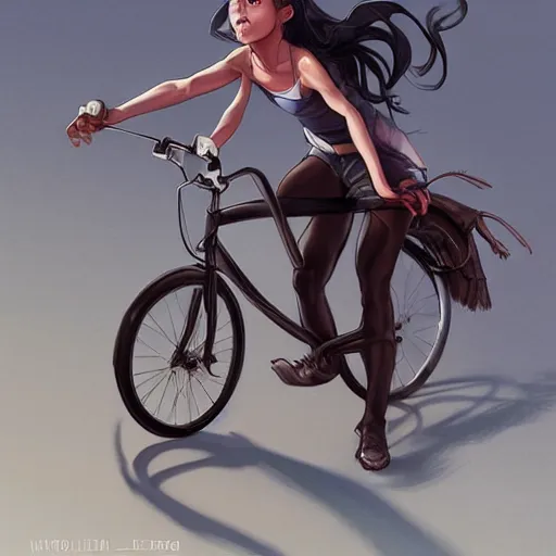 Prompt: short woman dark skin, black hair, pony tail with a old cicycle by Stanley Artgerm Lau, WLOP, Rossdraws, James Jean, Andrei Riabovitchev, Marc Simonetti, Yoshitaka Amano, ArtStation, CGSociety