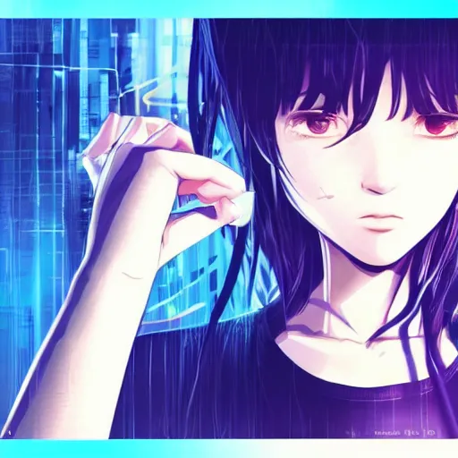 Image similar to Frequency indie album cover, luxury advertisement, blue filter, blue and black colors. Clean and detailed post-cyberpunk sci-fi close-up schoolgirl in asian city in style of cytus and deemo, blue flame, relaxing, calm and mysterious vibes, by Tsutomu Nihei, by Yoshitoshi ABe, by Ilya Kuvshinov, by Greg Tocchini, nier:automata, set in half-life 2, GITS, Blade Runner, Neotokyo Source, Syndicate(2012), dynamic composition, beautiful with eerie vibes, very inspirational, very stylish, with gradients, surrealistic, dystopia, postapocalyptic vibes, depth of field, mist, rich cinematic atmosphere, perfect digital art, mystical journey in strange world, beautiful dramatic dark moody tones and studio lighting, shadows, bastion game, arthouse