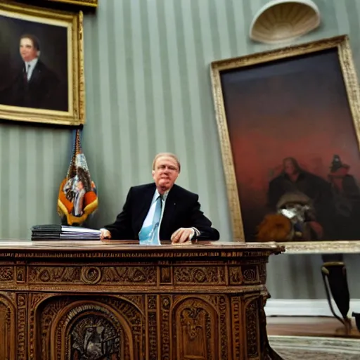 Image similar to senator armstrong!!!!!!!!!!! from metal gear rising revengeance sitting behind resolute desk, oil painting, presidential portrait, oval office