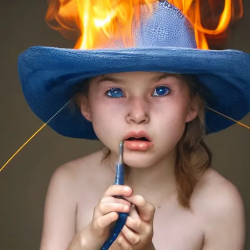 Image similar to candid photo of little girl burning in hell wearing a blue and white fishing hat by Annie Leibowitz, Photorealistic, extremely detailed, UHD, correct faces, hyperrealistic