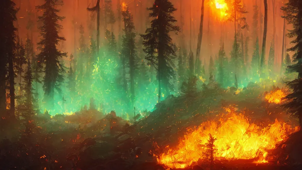 Prompt: large glowing flaming green crystal fragments falling from the sky, landing on top of a burning forest, by sylvain sarrailh, rossdraws, ambient light, ultra detailed, fantasy artwork, 8 k, volumetric lighting, trending on artstation, award winning, beautiful scenery, very beautiful.