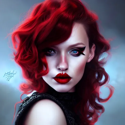 Prompt: a realistic illustration portrait of a beautiful kendrasunderland with curly black and red hair, black eyeliner, trending on artstation, hyper - realistic lighting, intricate, ross tran
