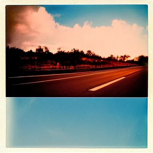 Image similar to instant photograph of the sky, polaroid, raw, beautiful, nostalgic, light leak, sunset, clouds, highway