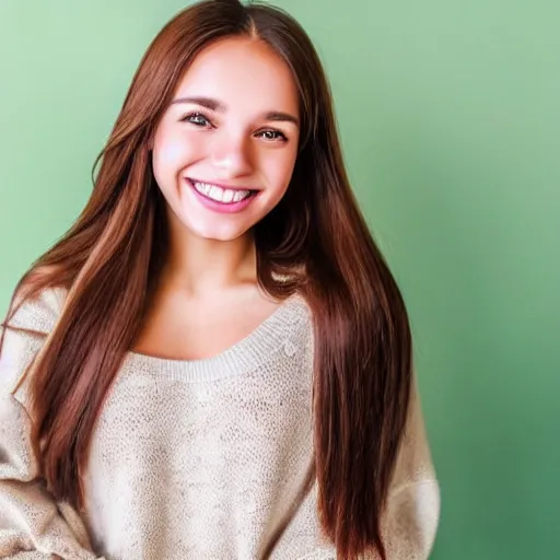 Image similar to a cute young woman smiling, long shiny bronze brown hair, full round face, green eyes, medium skin tone, light cute freckles, smiling softly, wearing casual clothing, relaxing on a modern couch, interior lighting, cozy living room background, medium shot, mid-shot, soft focus