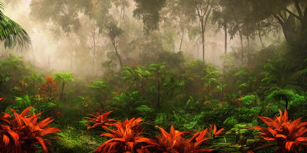 Image similar to a beautiful landscape of a foggy jungle, red and orange color scheme, hyperdetailed, vivid colors, photorealist, 4 k