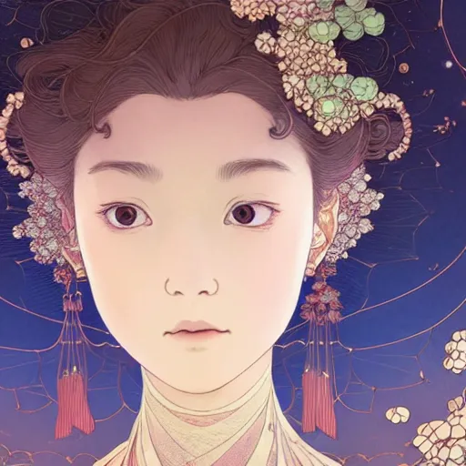 Image similar to a beautiful exquisite delicate hyperdetailed character design 4 k wallpaper illustration of a princess, victo ngai style, finely detailed perfect face delicate features directed gaze, style of studio ghibli, makoto shinkai, raphael lacoste, louis comfort tiffany, denoise, deblurring, artgerm, james jean, ross tran, alphonse maria mucha, chinese style