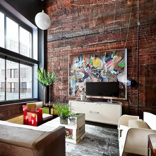 Image similar to trendy downtown loft with contemporary murals on the wall, modern textures, and patterns, interior design, gorgeous architecture