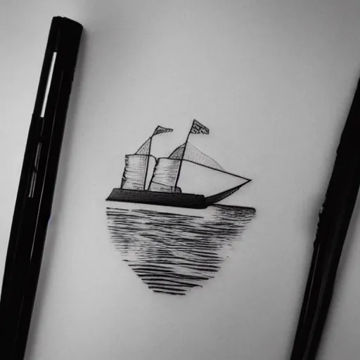 Prompt: A ship on a deserted island, realism tattoo design on white background