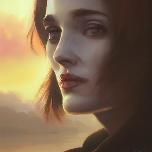 Prompt: a closeup portrait of a winona ryder, dramatic light, lake background, sunset, dark, sharp, painted by stanley lau, painted by greg rutkowski, painted by stanley artgerm, digital art, trending on artstation