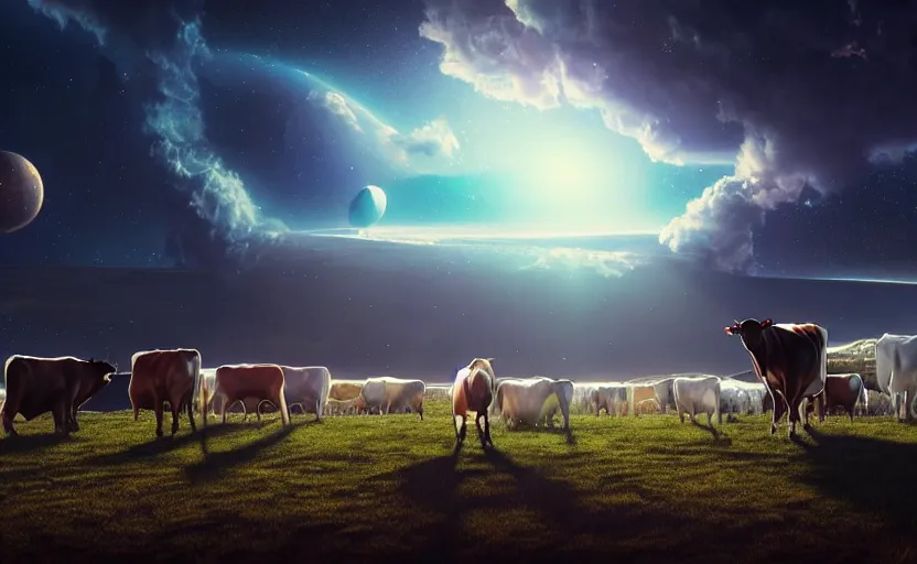 Prompt: incredible, mindblowing beautiful celestial view from interstellar hotel, with cows, matte painting, artstation, cgsociety, dramatic lighting, concept art, octane render, arnold 3 d render