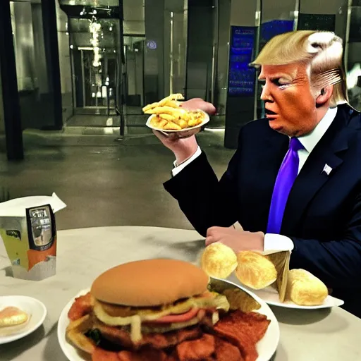 Image similar to Donald Trump eating McDonalds at a table, night vision, trail cam footage