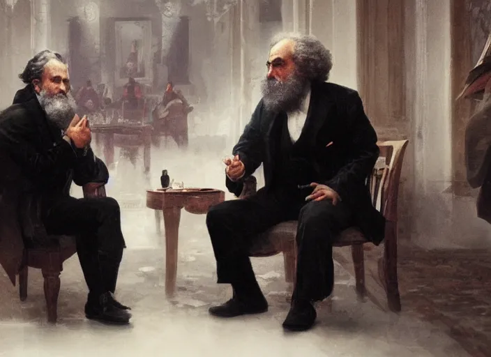 Image similar to Jordan Peterson having a conversation with Karl Marx by Greg Rutkowski, 4k, masterpiece