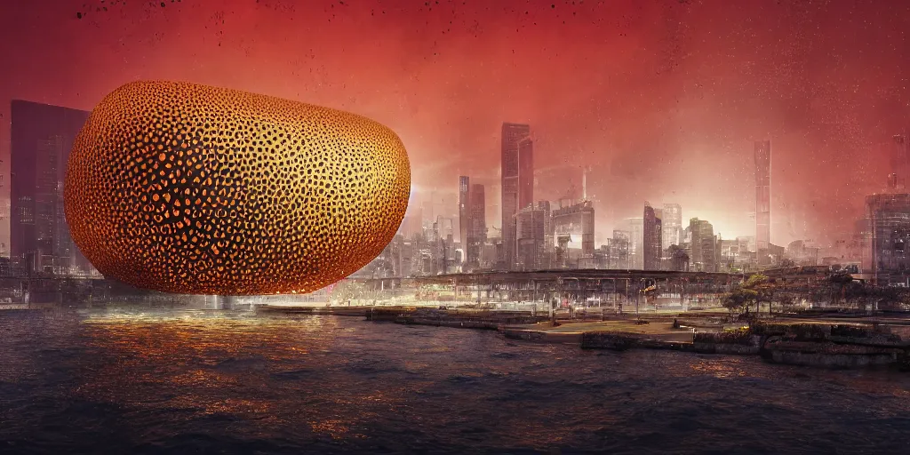 Image similar to An epic architectural rendering of a blob shaped trypophobia house with a mysterious red glow emitting from inside in a modern cityscape next to a river, stunning, gorgeous, golden ratio, photorealistic, featured on artstation, 4k resolution