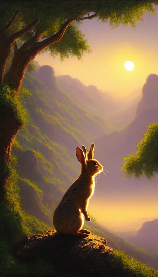Image similar to hyper realistic rabbit looking off of a cliff, sun setting behind rabbit silhouette, lush forest in valley below, painted by craig mullins, j. c. leyendecker 8 k