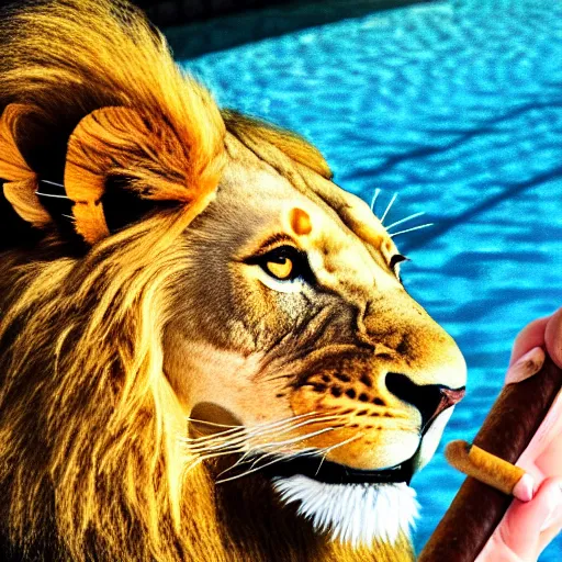 Image similar to a very detailed photo of a lion ( smoking a cigar ) outside the mansion by the pool