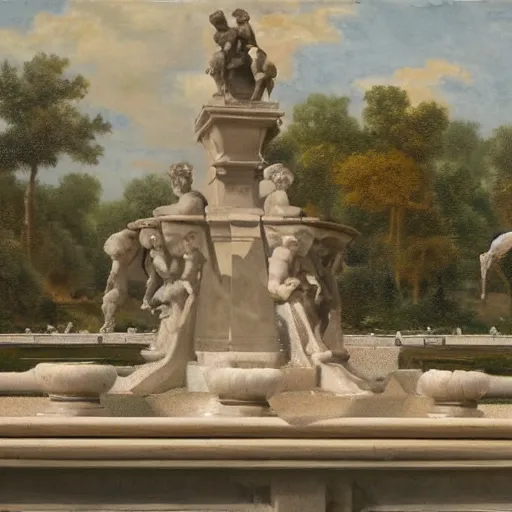 Prompt: oil painting of an infinite expanse of marble fountains of differing design with occasional bronze figures in some of the fountains, empty scene with no people, no animals, no plants