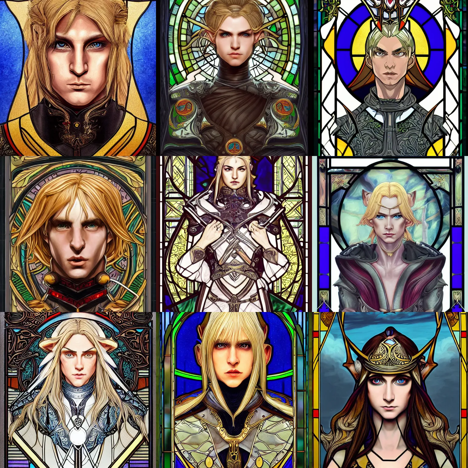 Prompt: head-on symmetrical centered painted portrait, Lude Law as male elf ranger, blonde hair, leather armour, art nouveau, tarot card style, stained glass, fantasy, intricate, elegant, highly detailed, smooth, sharp focus, illustration, artstation, in the style of Artgerm and Anna Podedworna and Alex Ross and Mucha