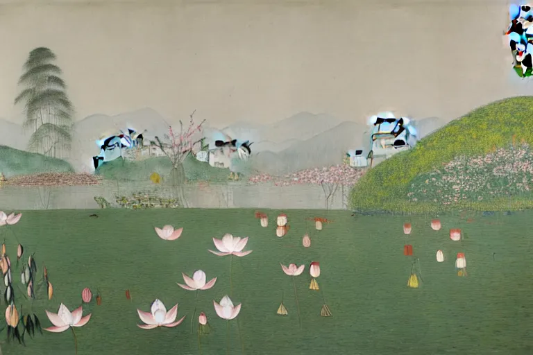 Image similar to an ultradetailed landscape painting of westlake in china hangzhou, lotus, may flowers blossoms nearby, fine wind, chinese water color, smooth, sharp focus, illustration, by hilma af klint, 8 k