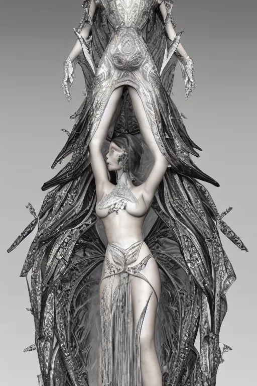 Prompt: a realistic picture of a beautiful ancient alien woman goddess bella hadid standing in iris van herpen dress jewelery and fractals in style of alphonse mucha art nuvo dmt trending on artstation made in unreal engine 4