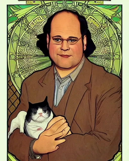 Image similar to “ george costanza!!!!!!!!!!!!! from seinfeld holding grumpy cat, halo, art nouveau, extremely detailed, by alphonse mucha ”