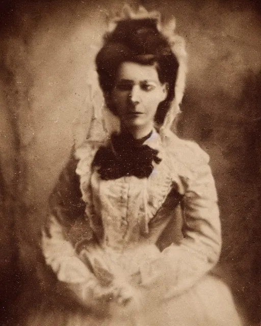 Prompt: double-exposure ghost effect close up of a person in victorian dress, style of pinhole photography,