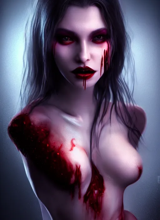 Image similar to beautiful full body portrait vampire queen highly detailed CGsociety subtle enchanting alluring blood magical concept art HDR hyper realistic volumetric lighting subsurface scattering unreal